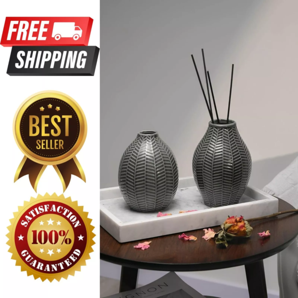 Set of 2 Black and Grey Ceramic Vases – Decor for Flowers, Home & kitchen