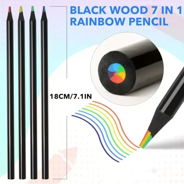 Black Wooden Rainbow Colored Pencils, 7 Colors in 1 RainBow Pencil Art Supplies