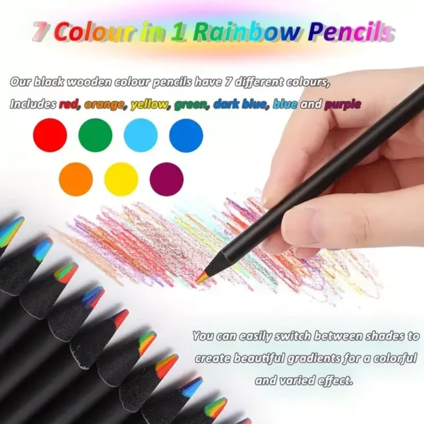 Black Wooden Rainbow Colored Pencils, 7 Colors in 1 RainBow Pencil Art Supplies - Image 6