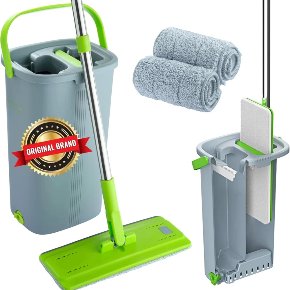 Mop and Bucket Set - Easy Gleam Floor Flat Mop with 2-Chamber Bucket-Green