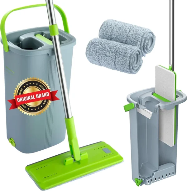 Mop and Bucket Set - Easy Gleam Floor Flat Mop with 2-Chamber Bucket-Green