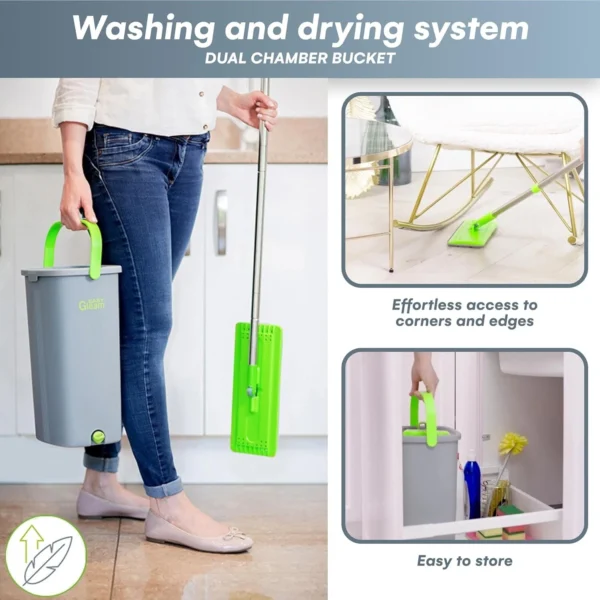Mop and Bucket Set - Easy Gleam Floor Flat Mop with 2-Chamber Bucket-Green - Image 7