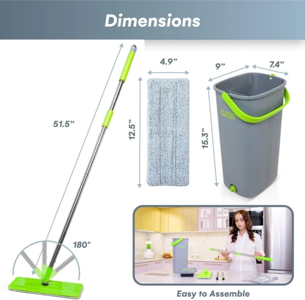 Mop and Bucket Set - Easy Gleam Floor Flat Mop with 2-Chamber Bucket-Green - Image 6