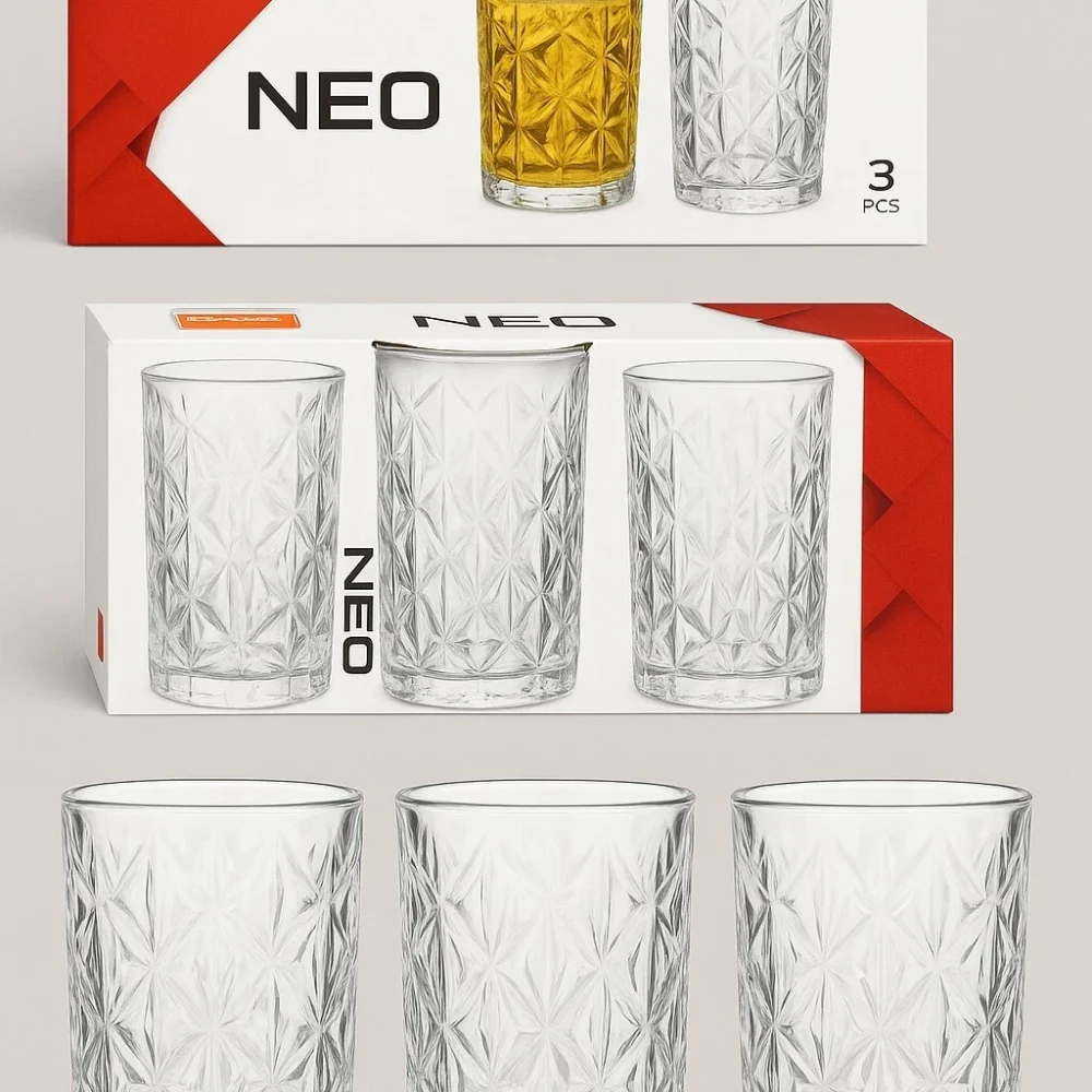 Set of 3 Drinking Glasses 335ml Clear Hiball Tumblers for Juice or Soft Drinks