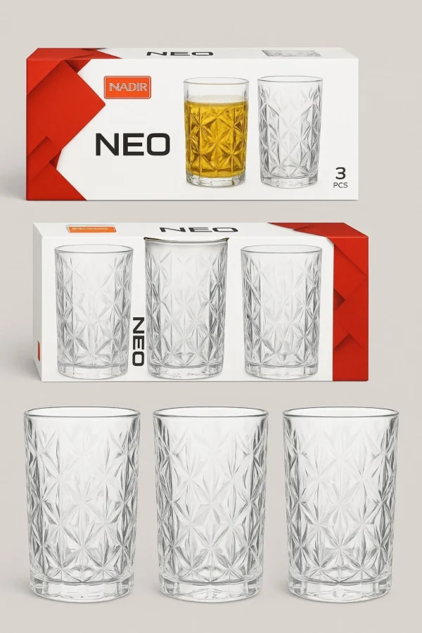 Set of 3 Drinking Glasses 335ml Clear Hiball Tumblers for Juice or Soft Drinks