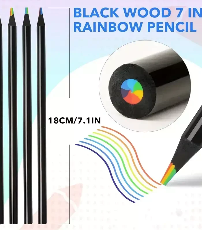 Black Wooden Rainbow Colored Pencils, 7 Colors in 1 RainBow Pencil Art Supplies