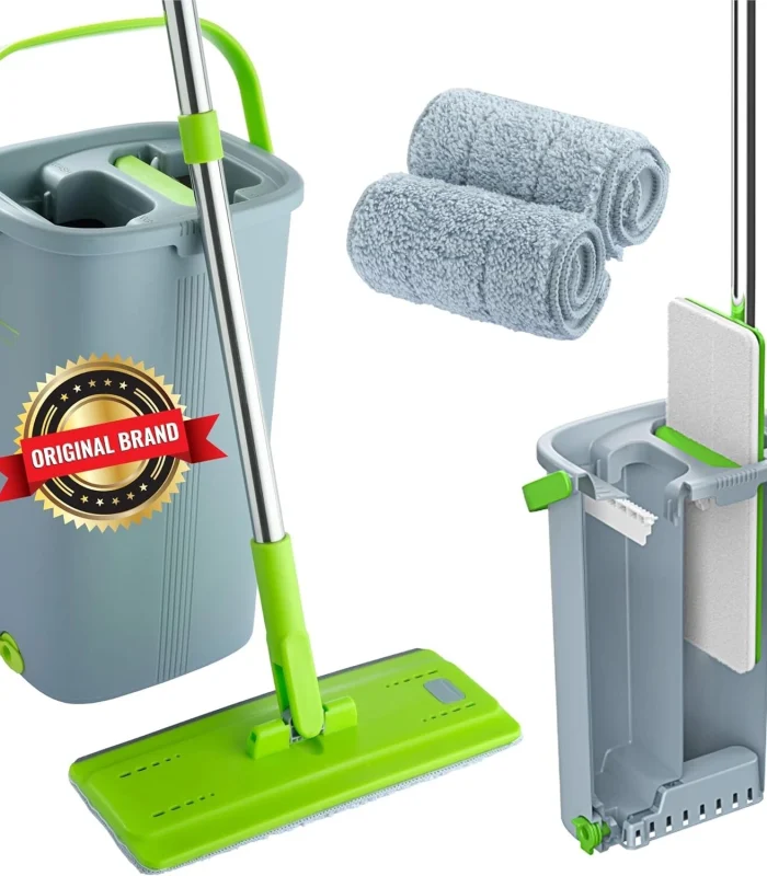 Mop and Bucket Set – Easy Gleam Floor Flat Mop with 2-Chamber Bucket-Green