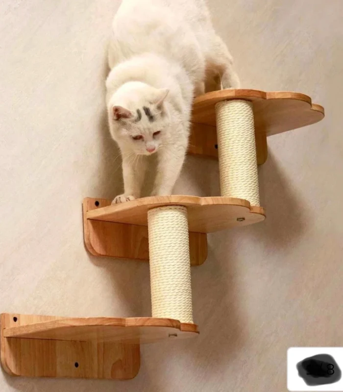 3-Levels Cat Wall steps Cat Shelf, Cat Ladder Cat climbers for wall Rubberwood